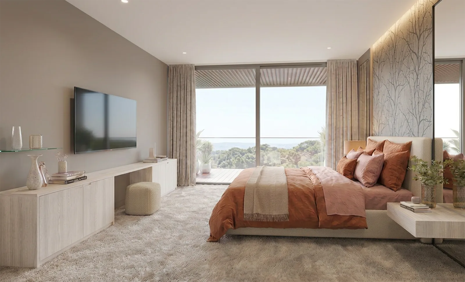 Chambre parentale conçue par Rebecca Nardi, architecte d'intérieur, avec vue sur la nature