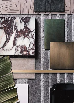 Planche tendance de matériaux : marbre, laiton et cuir