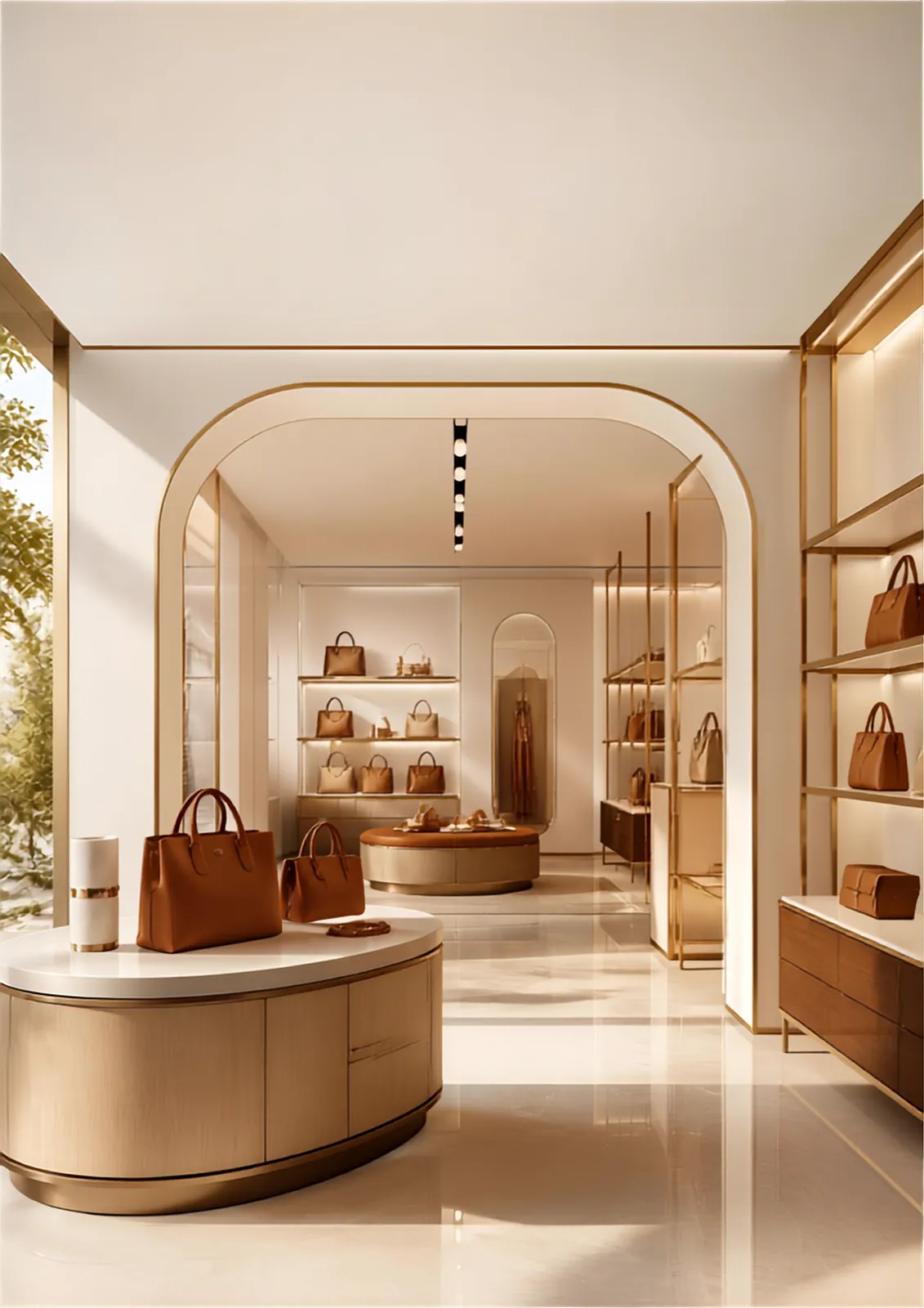 Boutique de maroquinerie avec arche dorée, présentoirs bois et laiton