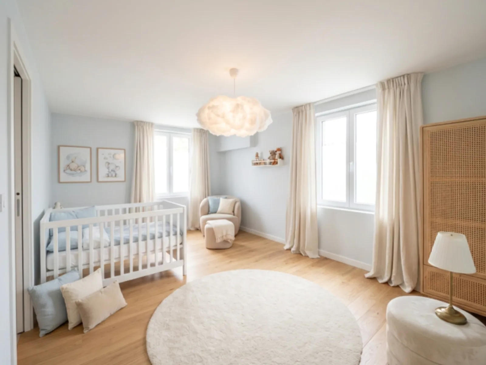 Chambre d'enfant aux tons bleu pastel avec suspension nuage et tapis rond