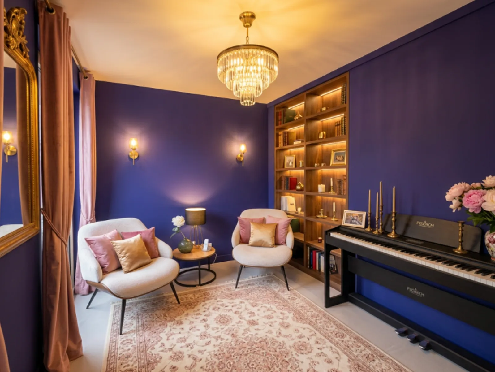 Petit salon bleu nuit avec piano