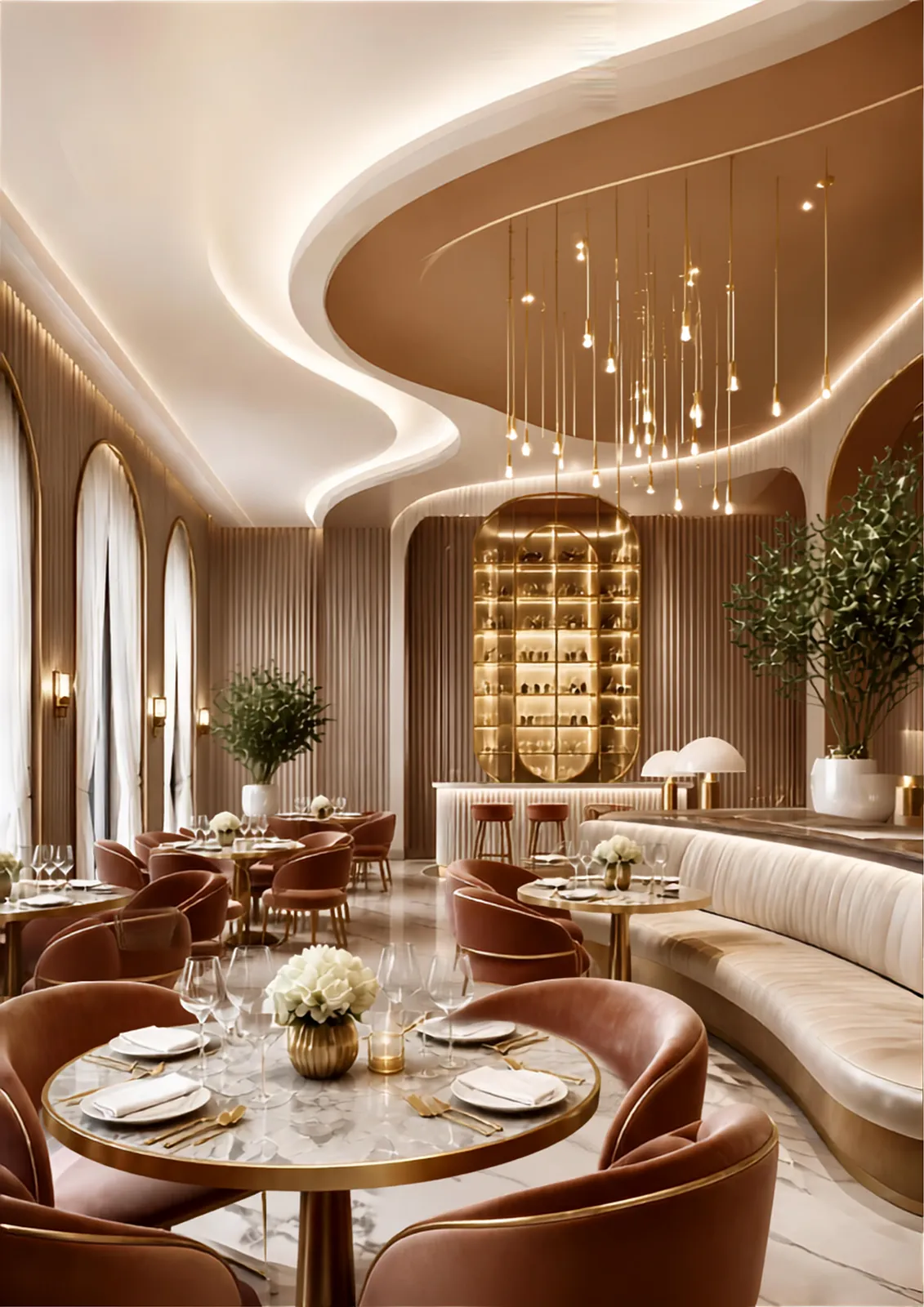 Salle de restaurant avec plafond sculpté, suspensions laiton et banquette courbe