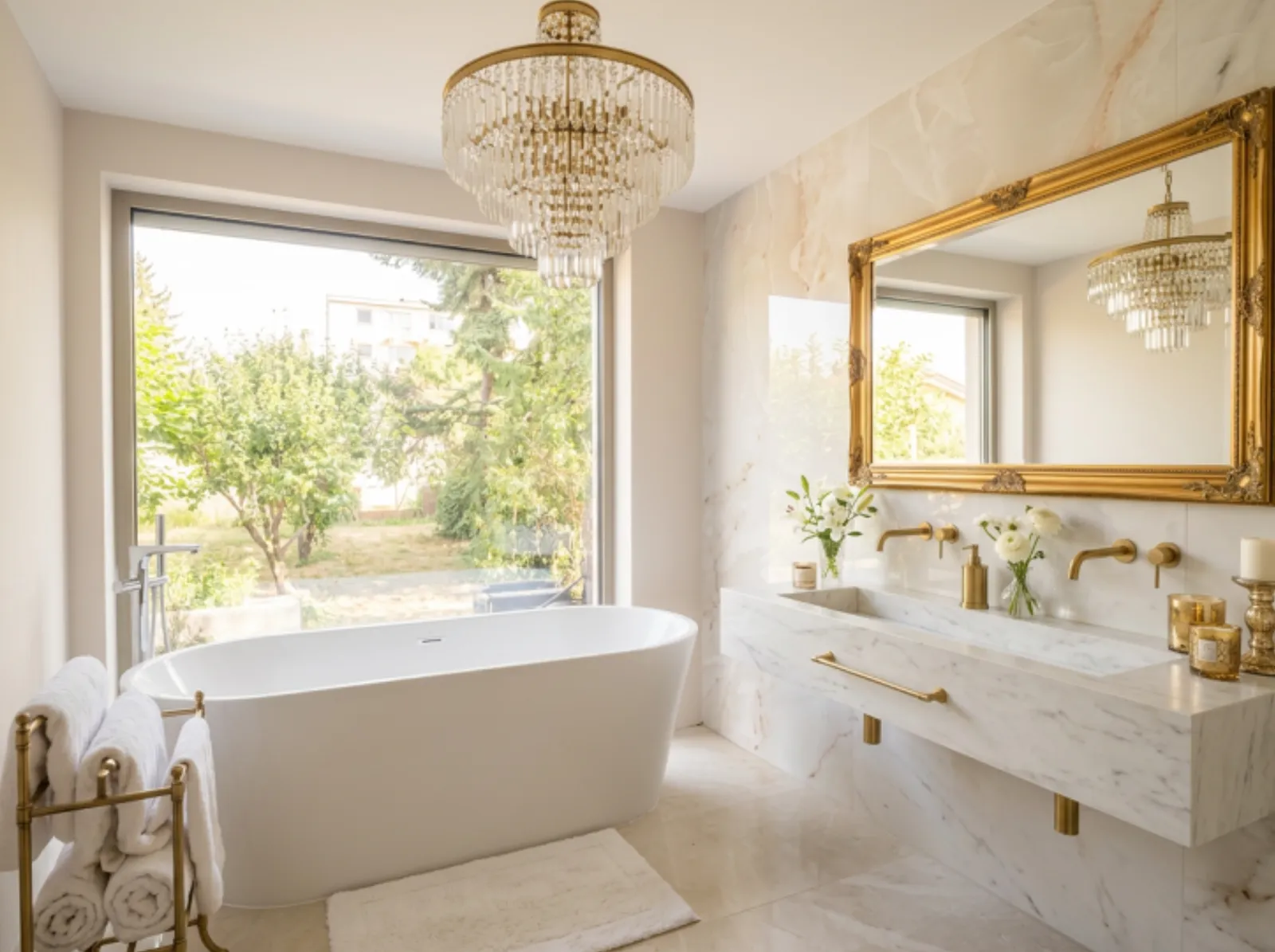 Salle de bains en marbre et laiton