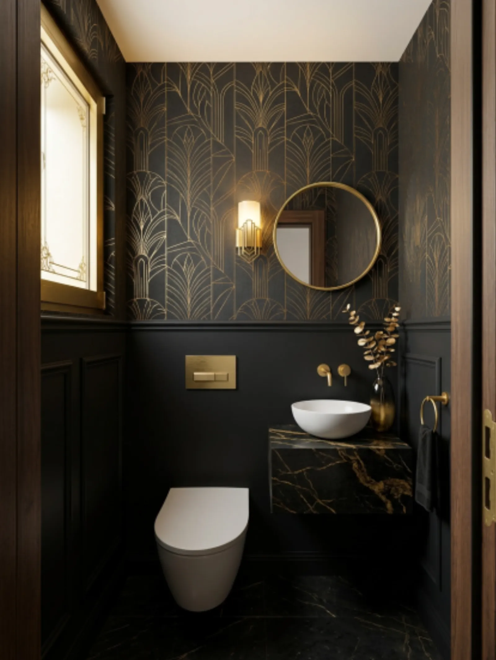 WC à l'ambiance art déco, noir et or